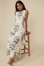 Oasis Floral Printed Layered Midi Dress, Cream/Multi