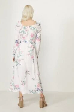 Coast Square Neck Long Sleeve Midi Dress, White/Pink/Multi -EleganceWear Store 2 e1614617477171