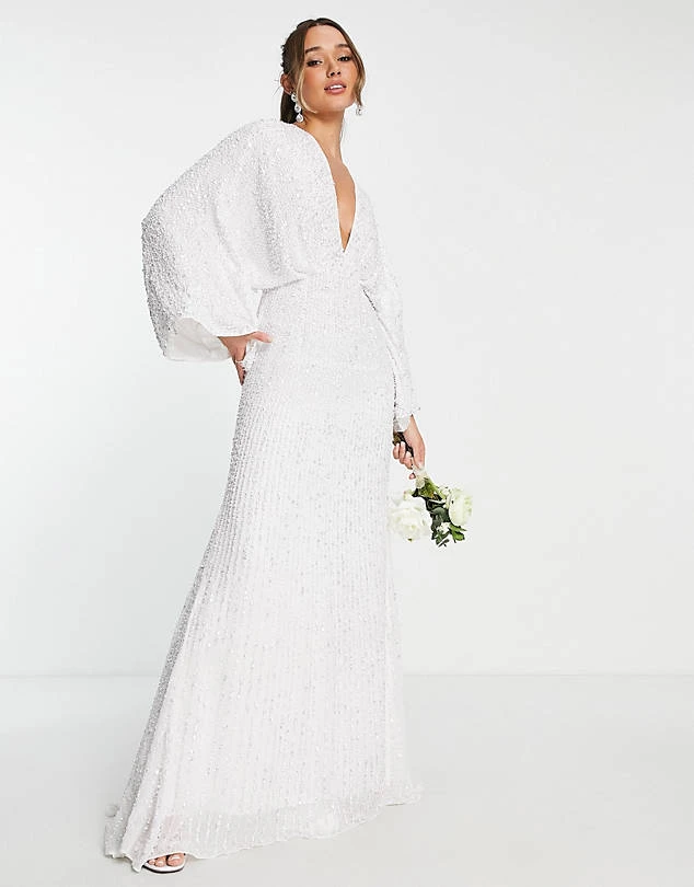 ASOS EDITION Ciara Sequin Kimono Sleeve Wedding Dress, White 1 ASOS EDITION Ciara Sequin Kimono Sleeve Wedding Dress, White