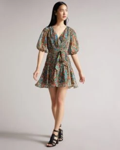 Ted Baker TIANIA Smock Panel Wrap Mini Dress, White/Multi