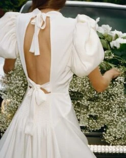 ROTATE Birger Christensen ROTATE Noon Puffy-sleeved Recycled-polyester Blend Midi Wedding Dress, Egret/Ivory