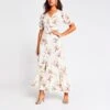 River Island Cream Floral Short Sleeve Midi Dress