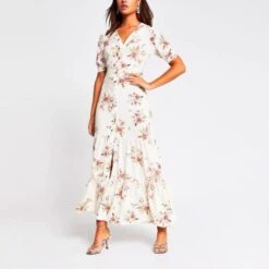 River Island Cream Floral Short Sleeve Midi Dress