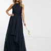 ASOS DESIGN Bridesmaid Pinny Maxi Dress With Ruched Bodice And Layered Skirt Detail, Navy Blue