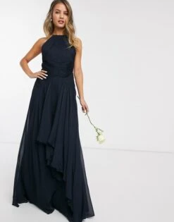 ASOS DESIGN Bridesmaid Pinny Maxi Dress With Ruched Bodice And Layered Skirt Detail, Navy Blue