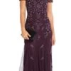 Adrianna Papell Short Sleeve Godet Beaded Long Dress, Night Plum/Purple
