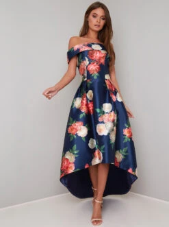 Chi Chi Kerris Floral Bardot High Low Dress, Blue/Multi