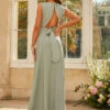 Chi Chi Cut-Out Bow Back Maxi Bridesmaid Dress In Sage