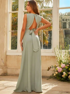 Chi Chi Cut-Out Bow Back Maxi Bridesmaid Dress In Sage