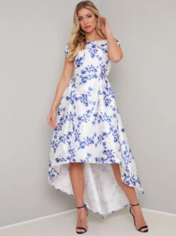 Chi Chi Simone Floral Bardot High Low Dress, Blue/White