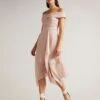 Ted Baker Edenio Bardot Midi Dress With Ruffle Skirt, Dusky Pink