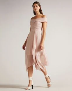 Ted Baker Edenio Bardot Midi Dress With Ruffle Skirt, Dusky Pink