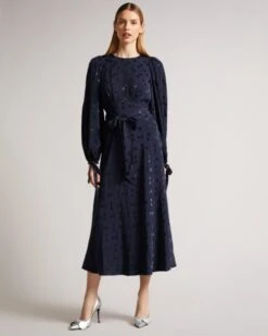 Ted Baker LIVELA Spot Jacquard Midaxi Dress, Navy Blue