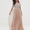 Maya Bridesmaid Long Sleeve Maxi Tulle Dress With Tonal Delicate Sequins In Taupe Blush