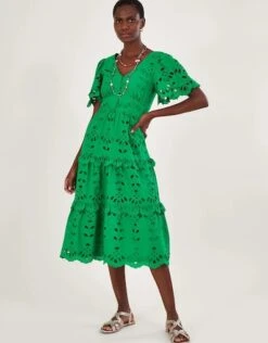 Monsoon V-neck Tiered Broderie Dress Green -EleganceWear Store Monsoon V neck tiered broderie dress green1