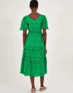 Monsoon V-neck Tiered Broderie Dress Green -EleganceWear Store Monsoon V neck tiered broderie dress green3