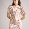 Ted Baker NADDIA Retro Flood Printed Puff Sleeve Mini Dress, Red/Beige