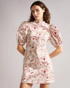 Ted Baker NADDIA Retro Flood Printed Puff Sleeve Mini Dress, Red/Beige