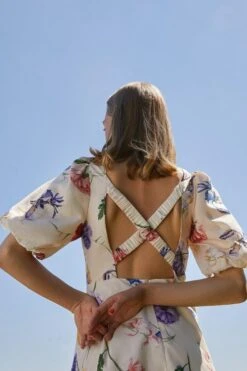 Oasis Floating Flower Print Strap Back Midi Dress, Ivory/Multi