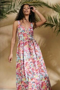 Oasis Tipperleyhill Corset Detail Midi Dress, Pink/Multi