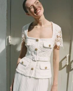 SELF PORTRAIT SELF-PORTRAIT Tailored Midi Lace Bridal Dress, Cream