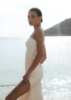 Shona Joy La Laune Sleeveless Ruched Satin Maxi Dress, Cream