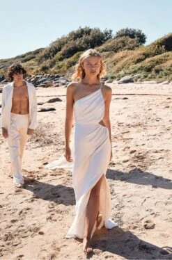 Shona Joy La Lune Asymmetric Satin Maxi Dress, Cream