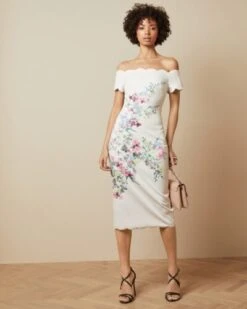 Ted Baker TRIXIIY Pergola Bardot Bodycon Dress, Ivory/Multi