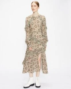 Ted Baker TURING Frilled Printed Midi Dress, Ivory/Multi