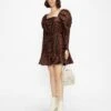 Ted Baker BRODII Puff Shoulder Animal Print Mini Dress, Black/Brown