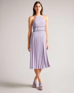 Ted Baker Camylie Lace Insert Asymmetric Pleat Midi Dress, Lilac/Purple