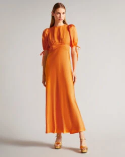 Ted Baker LYSETTE Tie Detail Satin Tea Dress, Orange