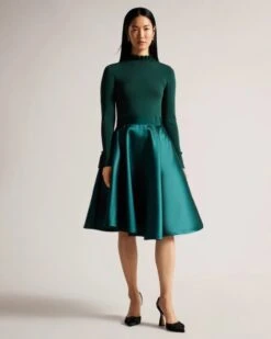 Ted Baker ZADI Frill Neck Full Skirt Dress, Dark Green