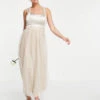 Vila Bridal Dress With Satin Bodice And Tuelle Skirt In Neutral