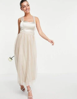 Vila Bridal Dress With Satin Bodice And Tuelle Skirt In Neutral