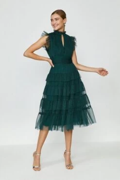 Coast Tulle Tiered Frill Sleeve Dress, Green