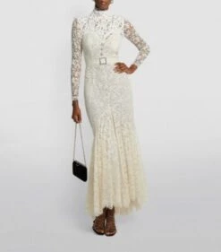 Alessandra Rich Lace High-Neck Maxi Wedding Dress, White