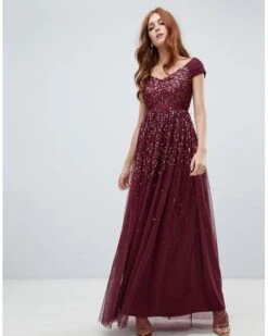 Amelia Rose Embellished Ombre Sequin Maxi Dress, Berry
