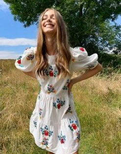 ASOS DESIGN All Over Embroidered Cotton Mini Smock Dress, White/Multi