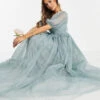 ASOS DESIGN Blouson Off Shoulder Tulle Puff Sleeve Maxi Dress Dusty Sage Green