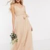 ASOS DESIGN Bridesmaid Cami Maxi Dress With Ruched Bodice And Tie Waist In Sand/nude
