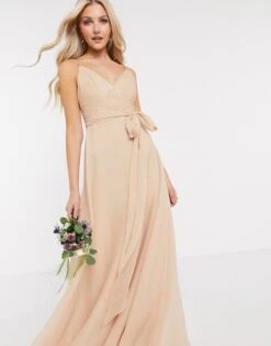 ASOS DESIGN Bridesmaid Cami Maxi Dress With Ruched Bodice And Tie Waist In Sand/nude