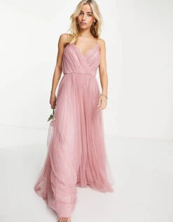 ASOS DESIGN Bridesmaid Cami Pleated Tulle Maxi Dress In Rose Pink Blush