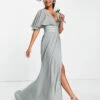 ASOS DESIGN Bridesmaid Flutter Sleeve Maxi Dress Satin Wrap Skirt, Olive Green