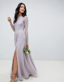 ASOS DESIGN Bridesmaid Maxi Dress Linear Sequin Long Sleeves, Grey/Lilac