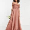 ASOS DESIGN Bridesmaid Off Shoulder Maxi Dress With Full Skirt And Corset Detail In Rose