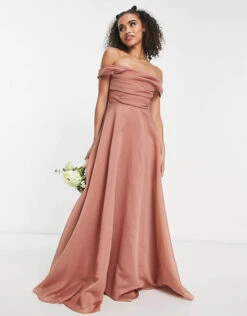 ASOS DESIGN Bridesmaid Off Shoulder Maxi Dress With Full Skirt And Corset Detail In Rose