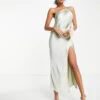 ASOS DESIGN Bridesmaid One Shoulder Midaxi Dress In Satin With Drape Back Olive Green