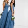 ASOS DESIGN Bridesmaid Pinny Maxi Dress With Ruched Bodice And Layered Skirt Detail, Blue