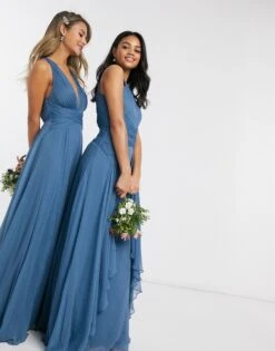 ASOS DESIGN Bridesmaid Pinny Maxi Dress With Ruched Bodice And Layered Skirt Detail, Blue